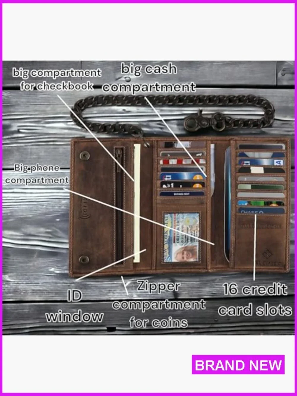 Men's Tri-Fold Leather Wallet RFID Blocking Chain Casual Classic Biker Style